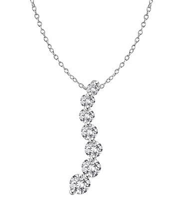 Diamond Essence Journey Pendant of 7 Round Brilliant Graduated Stones set in Platinum Plated Sterling Silver, 5.0 Cts.T.W. (Also available in 14K Solid White Gold, Item#WPE1702).
Free Silver Chain Included.