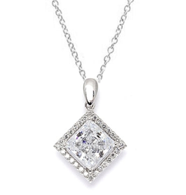 Diamond Essence Designer Pendant with 2.5 ct. Princess Cut Stone sorrounded by Round Stones in Platinum Plated Sterling Silver.
