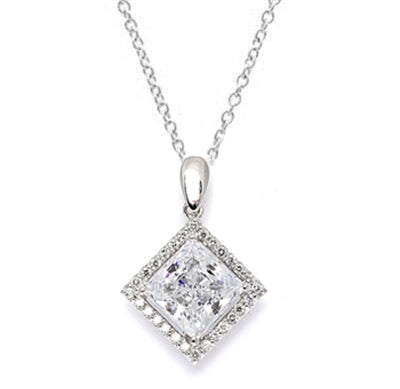 Diamond Essence Designer Pendant with 2.5 ct. Princess Cut Stone sorrounded by Round Stones in Platinum Plated Sterling Silver.