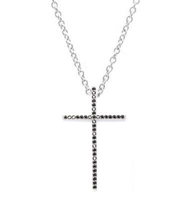 Diamond Essence Cross Pendant with Round Black Onyx Stones in Platinum Plated Sterling Silver.
