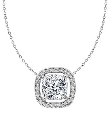 Diamond Essence Slide Pendant with 2.0ct. Cushion Cut Stone in center surrounded by round stones in Platinum Plated Sterling Silver.