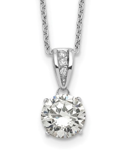 Diamond Essence 2.0 carat round brilliant stone set in prong setting of Platinum Plated Sterling Silver. Chain included.