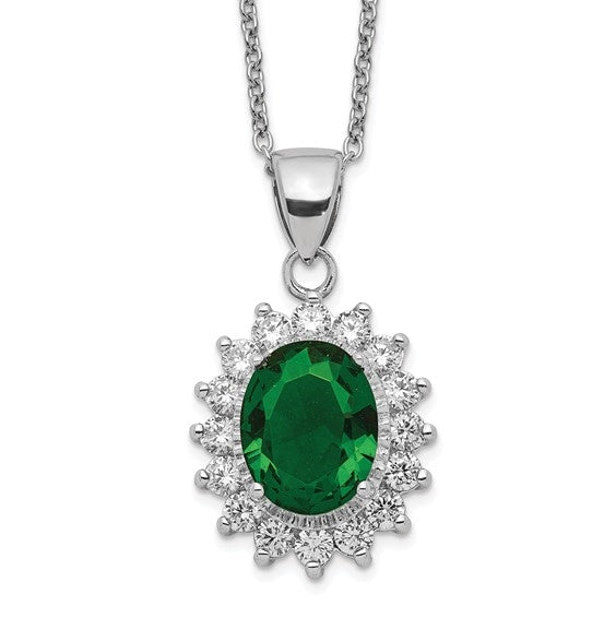 Platinum Plated Sterling Silver Diamond Essence Pendant With Emerald Essence Oval Cut Center Surrounded By Round Brilliant Melee, 3 Cts.T.W.