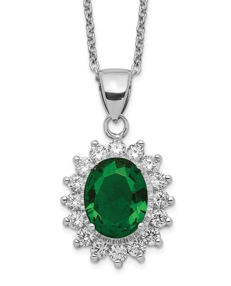 Platinum Plated Sterling Silver Diamond Essence Pendant With Emerald Essence Oval Cut Center Surrounded By Round Brilliant Melee, 3 Cts.T.W.