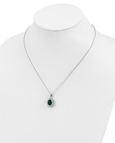 Platinum Plated Sterling Silver Diamond Essence Pendant With Emerald Essence Oval Cut Center Surrounded By Round Brilliant Melee, 3 Cts.T.W.