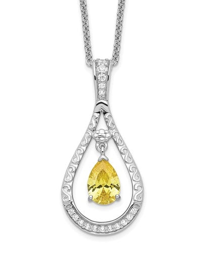 An exquisite prong-set designer teardrop pendant for women with pear cut citrine essence and round brilliant Diamonds by Diamond Essence set in platinum-plated sterling silver. 1.10 Cts.t.w.