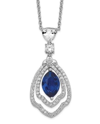 A marvelous prong set designer pendant for women with simulated 2.0 Cts. marquise cut sapphire center surrounded by a brilliant melee diamonds by Diamond Essence set in platinum plated sterling silver. 2.50 Cts.t.w.