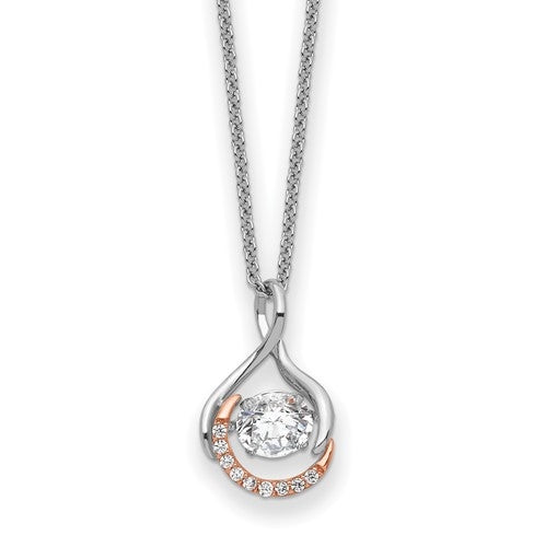 Diamond Essence Designer Pendant with Round Brilliant Stone and Melee, set in Platinum Plated Sterling Silver. 17.3mm Length x 10.5mm Width. with moving center.