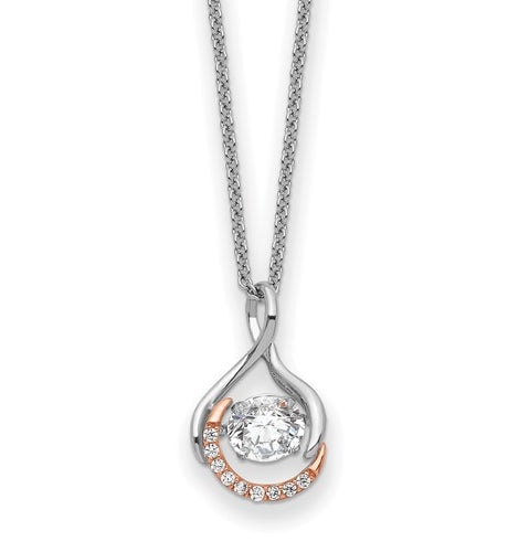 Diamond Essence Designer Pendant with Round Brilliant Stone and Melee, set in Platinum Plated Sterling Silver. 17.3mm Length x 10.5mm Width. with moving center.
