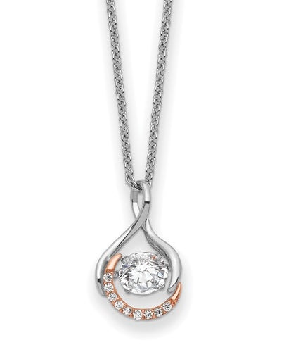 Diamond Essence Designer Pendant with Round Brilliant Stone and Melee, set in Platinum Plated Sterling Silver. 17.3mm Length x 10.5mm Width. with moving center.