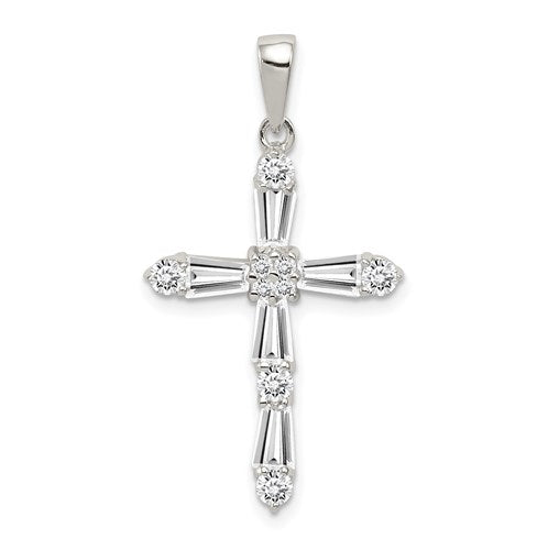 Beautiful designer cross pendant with Diamond Essence tapered baguettes and round stones, 2.0 cts.t.w. set in Platinum Plated Sterling silver.
Free silver chain included.