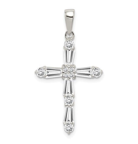 Beautiful designer cross pendant with Diamond Essence tapered baguettes and round stones, 2.0 cts.t.w. set in Platinum Plated Sterling silver.
Free silver chain included.