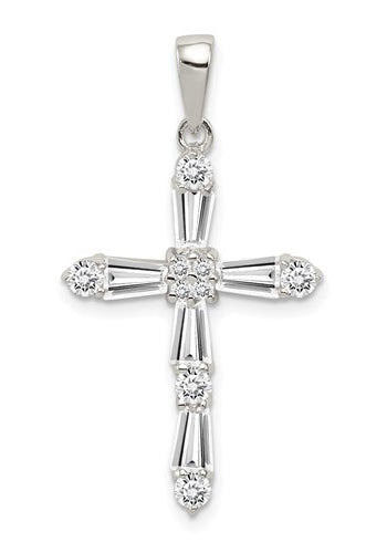Beautiful designer cross pendant with Diamond Essence tapered baguettes and round stones, 2.0 cts.t.w. set in Platinum Plated Sterling silver.
Free silver chain included.