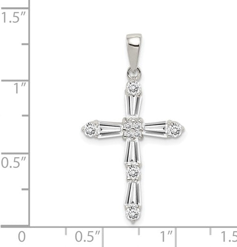 Beautiful designer cross pendant with Diamond Essence tapered baguettes and round stones, 2.0 cts.t.w. set in Platinum Plated Sterling silver.
Free silver chain included.