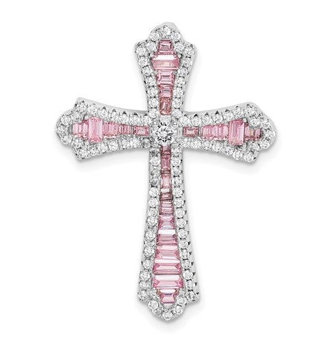 Prong Set Designer Cross Pendant With Diamond Essence Stones Set In Platinum Plated Sterling Silver