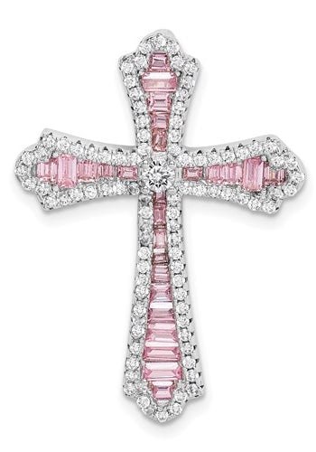 Prong Set Designer Cross Pendant With Diamond Essence Stones Set In Platinum Plated Sterling Silver