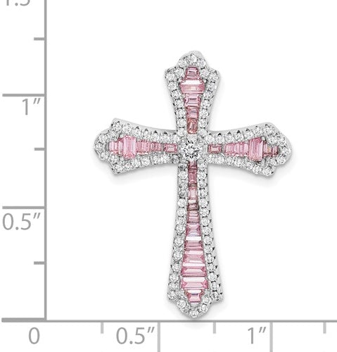 Prong Set Designer Cross Pendant With Diamond Essence Stones Set In Platinum Plated Sterling Silver