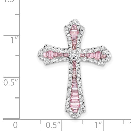 Prong Set Designer Cross Pendant With Diamond Essence Stones Set In Platinum Plated Sterling Silver
