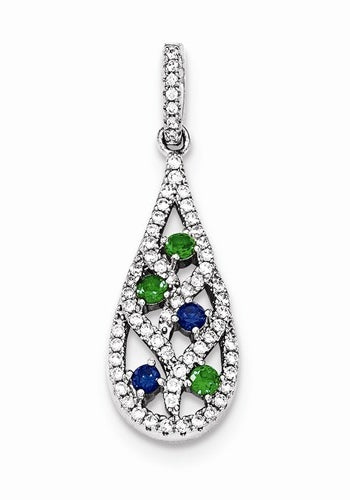 Diamond Essence Designer Tear Drop Pendant, with Emerald Essence and Sapphire Essence Round stones and Brilliant Melee set in prong setting. 1.10 Cts.T.W. in Platinum Plated Sterling Silver.