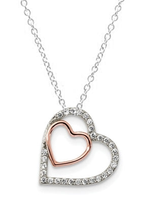 Diamond Essence Two-Tone Heart In Heart Pendant With Beautifully Channel Set Round Brilliant Stones, 1 Ct.T.W. In Platinum Plated Sterling Silver.