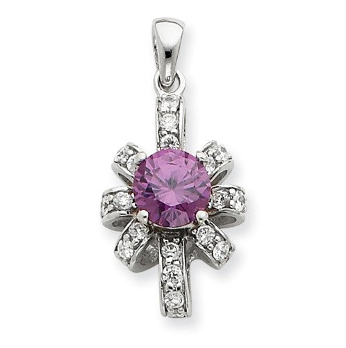 Diamond Essence Designer Pendant with 0.75 Ct. round Amethyst Essence center and Brilliant melee in artistic setting, 1.0 Ct.t.w.in Platinum Plated Sterling Silver.