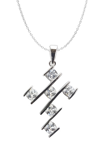 Diamond Essence Cross Pendant With Cushion Cut Stone In Bar Setting,3 Cts.T.W In Platinum Plated Sterling Silver.
​Approx Size Of Pendant Is 33mm Length And 21.50mm Width.
