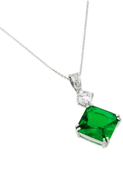 Prong Set Designer Pendant of Emerald Princess Cut by Diamond Essence set in Platinum Plated Sterling Silver.