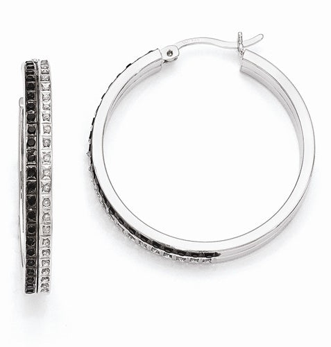 Diamond Essence, Platinum Plated Sterling Silver Black & White Diamond Hoop Earrings, 1.20 cts.t.w.