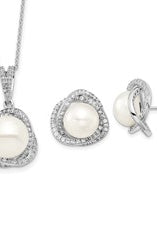 Designer Set of Pearl And Diamond Essence Round Melee Set In Platinum Plated Sterling Silver