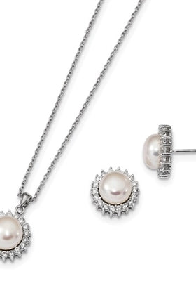 Diamond Essence Melee And Fresh Water Cultured pearl Earring Pendant set, 3.0 Cts.t.w. set in Platinum Plated Sterling Silver.