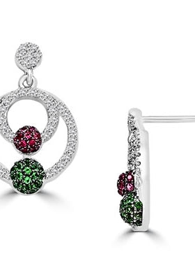 Diamond Essence, Ruby Essence and Emerald Essence melee set in artistic pave setting Earrings, 3.50 Cts.T.W. in Platinum Plated Sterling Silver.
