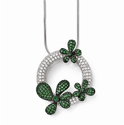 Diamond Essence Designer Pendant, with Round Brilliant melee and Emerald Essence melee set in artistic floral pave setting. 18" long chain with lobster clasp. 2.5 cts. t.w. in Platinum Plated Sterling Silver.