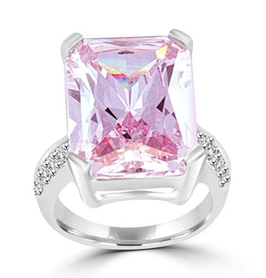 A stunning emerald-cut Lavender Essence stone floats in a raised four-prong setting, with melee on either side. 31.9 cts. t.w., in sterling silver.