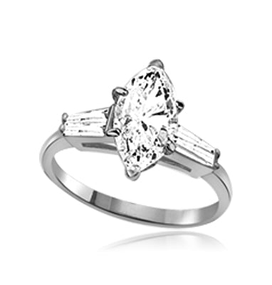 A 4.0 carats Diamond Essence Marquise cut stone in center with baguettes on each sides set in Platinum Plated Sterling Silver . 4.5 Cts. T.W.