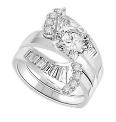 Diamond Essence Ring Set, Solitaire ring with 1.5 Cts Round Diamond Essence stone and ring wrap with beautifully set baguettes and melee, 2.0 Cts. T.W. in Platinum Plated Sterling Silver.