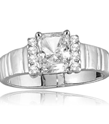 1.25 cts. Radiant Cut Diamond Essence Center with 8 rounds brilliants adorning the sides of an elegant ethnic band set in sterling silver. 1.65 Cts. T.W.