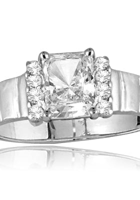 1.25 cts. Radiant Cut Diamond Essence Center with 8 rounds brilliants adorning the sides of an elegant ethnic band set in sterling silver. 1.65 Cts. T.W.