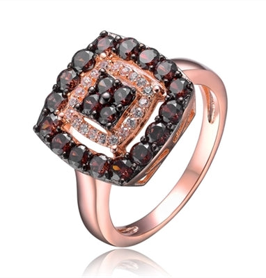 Diamond Essence Rose Plated Square Pendant with Round Brilliant Diamond Essence And Chocolate Essence Stones
