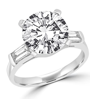 Prong Set Engagement Ring with Artificial 3.5 Cts. Round Diamond and Baguettes by Diamond Essence set in Sterling Silver