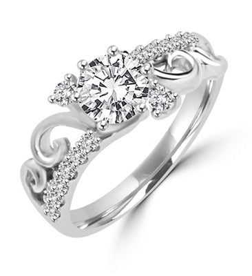 Prong Set Designer Ring with Artificial Round Brilliant Diamond and Melee by Diamond Essence set in Sterling Silver