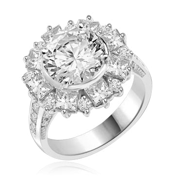 Classic Designer Ring with 3.0 Cts. Round Brilliant Diamond Essence Stone in the center, surrounded by 0.5 Ct. each Princess cut stones and round stones. Round melee set on band, makes it more artistic. 7.25 Cts.t.w. set in Platinum Plated Sterling Silver