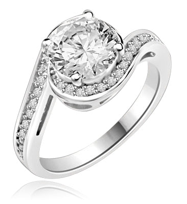 Diamond Essence Round Brilliant stone 2.0 ct set in four prongs and surrounded by round melee artistically set in curved band of Platinum Plated Sterling Silver.