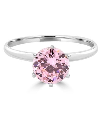 2.0 carat Pink Round Brilliant stone set in, Platinum Plated Sterling Silver, a perfect solitaire ring. ( Image in Yellow but Product in Platinum Plated Sterling Silver)