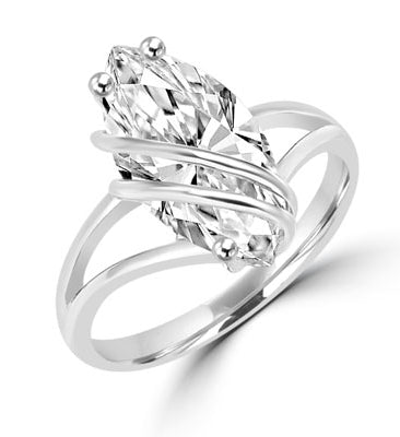Dramatic and impressive for the times you want to be, 3 carat Marquise cut Diamond Essence stone set in overlaping Platinum Plated Sterling Silver setting.