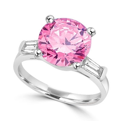 Diamond Essence Pink stone of 3.5 cts. set in Platinum Plated Sterling Silver with baguettes on each side. 4.0 cts.t.w.