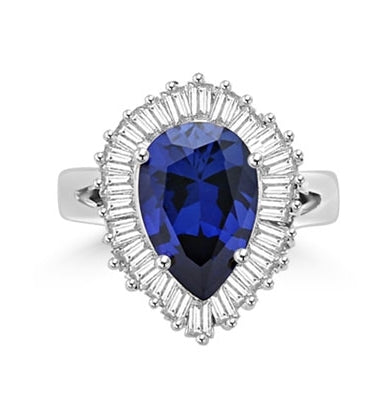 Ballerina Ring- 3.0 Carats Sapphire Essence Pear surrounded by pirouetting smaller jewels. Will have them on their toes-and you calling the tune, 3.8 cts t.w. in Platinum Plated Sterling Silver.