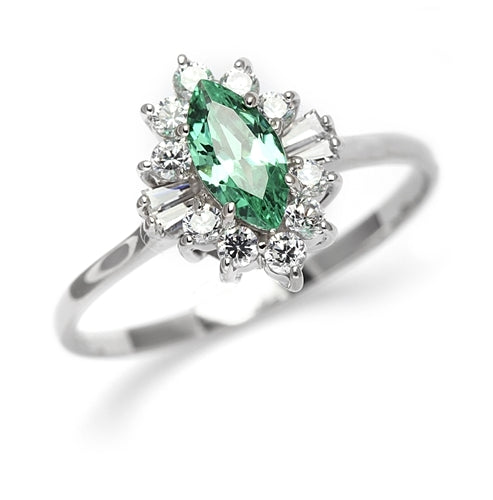 Honeysuckle Rose - 1 Ct. Marquise Cut Emerald Essence Center stone with Baguettes and Round Accent Masterpieces. 1.3 Cts. T.W. set in Platinum Plated Sterling Silver.