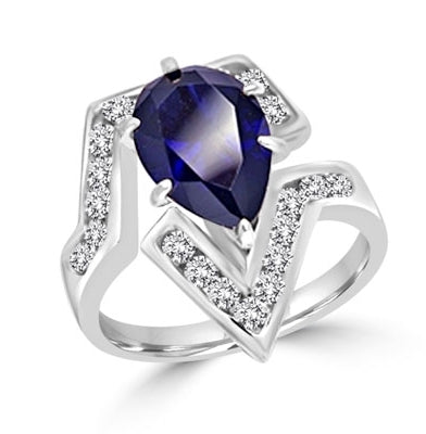 Lulu - Move Forward with this superb Ring, 3.0 Carats in all, with 2.0 Carat Pear Cut Sapphire Essence Center Stone and Melee Accents set in Platinum Plated Sterling Silver.