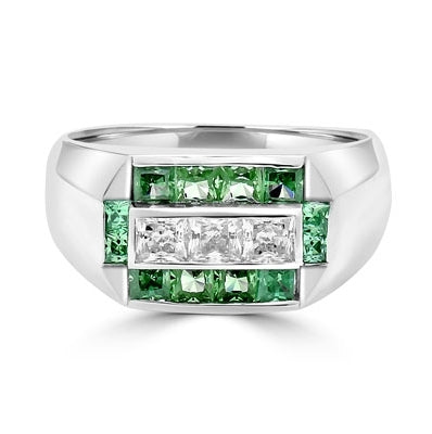 Man's Ring with 0.75 cts., Radiant Square Diamond Essence Center Stones surrounded by 1.0 cts. Princess Cut Emerald Essence, channel set in Platinum Plated Sterling Silver.