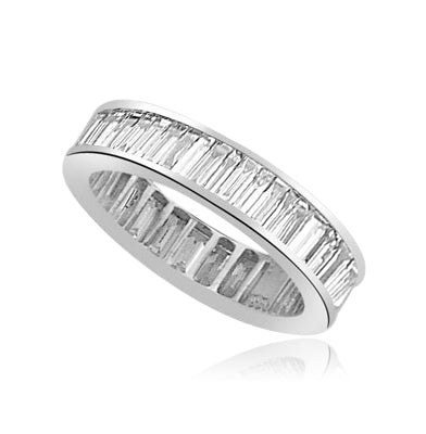 Ring channel set baguettes eternity band in Platinum Plated Sterling Silver